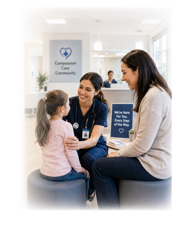 Healthcare provider supporting a patient and their child in a welcoming clinic