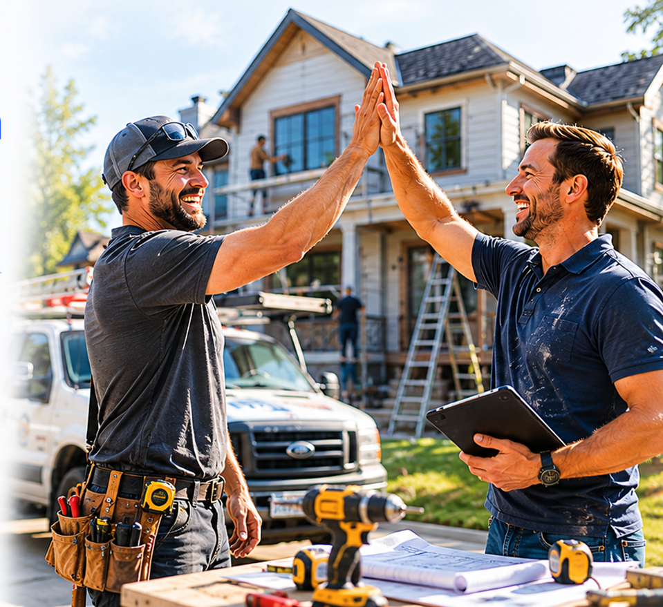 Two home improvement contractors high-fiving in front of a house under renovation