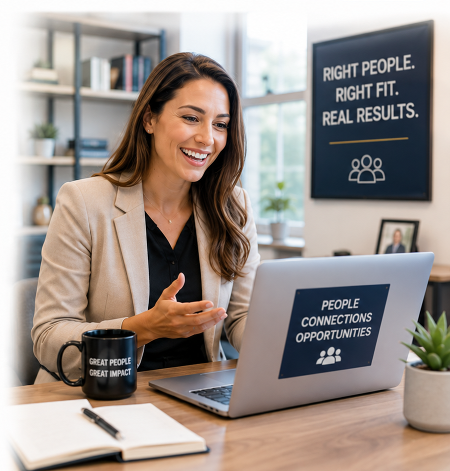 A recruiter smiling while connecting with talent on a video call from a bright office