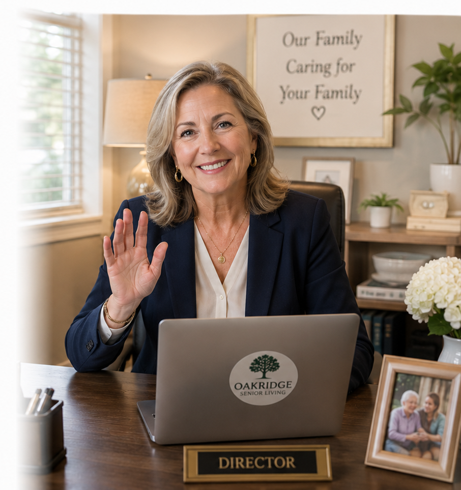 A senior living community director smiling and waving during a video message from her office