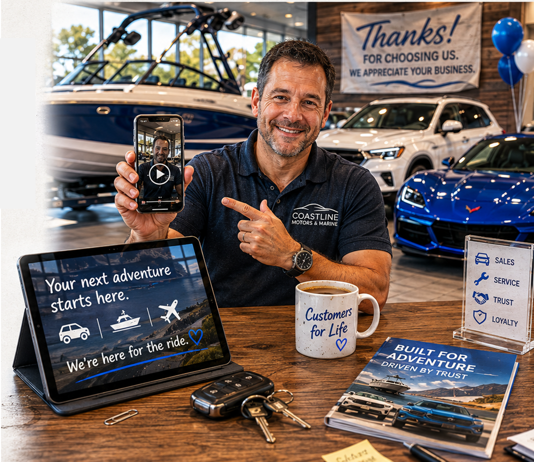 Vehicle dealership sales professional showing a personalized video message