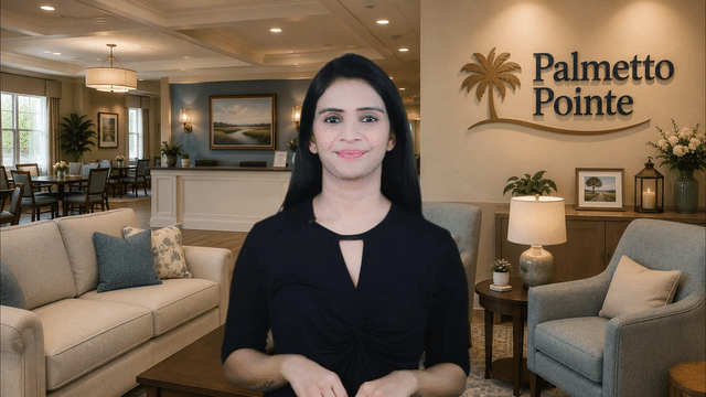 Senior living community host recording a personalized special offer video in the lobby